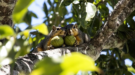 Obraz premium Two squirrels sharing fruit in a tree, sunny day