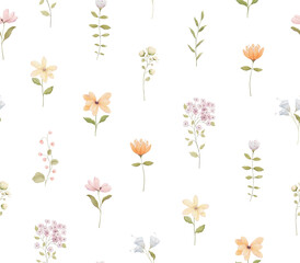 Cute watercolor seamless pattern with abstract delicate flowers, hand drawn illustration in provence style for textile, background or tender childish wallpapers.