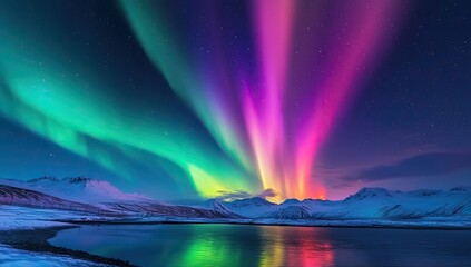 Naklejka premium Majestic aurora borealis illuminates a winter landscape. Vibrant colours paint the night sky over snow-capped mountains reflecting on a serene lake