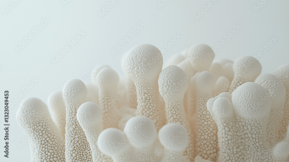 Poster mushroom texture: macro shot capturing the intricate texture and shape of delicate, white mushrooms,
