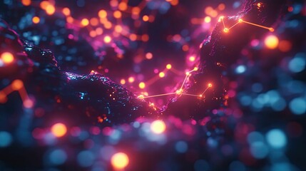 Dark, glowing landscape; interconnected nodes, vibrant lights.
