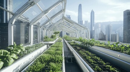 Fototapeta premium Elevated urban garden; cityscape backdrop.