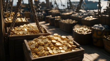 Fototapeta premium Golden Riches: A ship's deck overflows with chests laden with gold coins, hinting at untold wealth and adventure