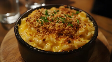 Creamy Pulled Pork Mac and Cheese in a Black Bowl Served on Wooden Board with Garnish