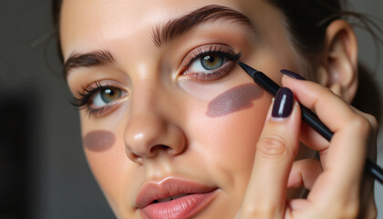 Close-up of woman applying eyeliner with concealer under eyes
