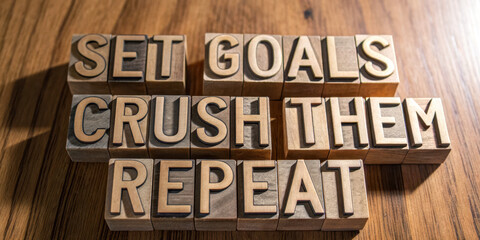Set goals, crush them, and repeat with wooden letter blocks on wooden surface