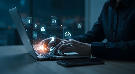 Engaging with Digital Technology on a Laptop User Typing on Laptop with Visual Data Elements Connecting with Cloud Services through a Laptop