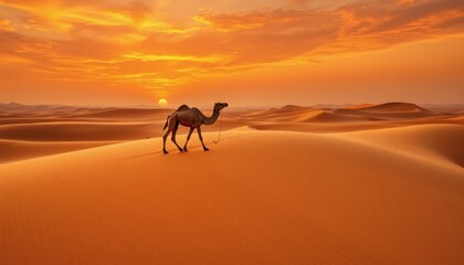 Camel Walking Across Desert Dunes at Sunset Under Orange Sky Travel Scene