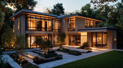 Obraz premium Modern House Exterior at Dusk Surrounded by Lush Greenery and Lights