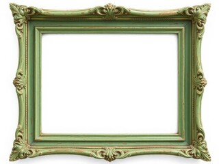 Antique, ornate, sage green picture frame, empty, isolated on white background.