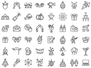 Party & Celebration Icons – Festive Events, Wedding, Birthday, Holiday, Music, Fireworks, Drinks, Gift Giving, Dance, Nightlife, Christmas, New Year, Special Occasions, Banquet, Decorations
