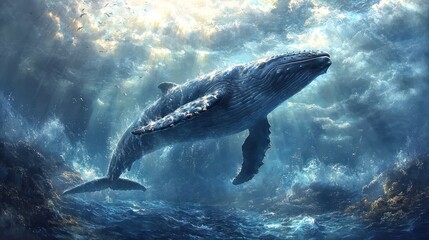 Fototapeta premium Majestic whale breaching amidst dramatic ocean clouds.