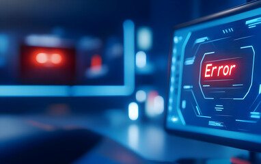 A close-up image of a computer screen displaying an error message in a modern tech environment with vibrant lighting.