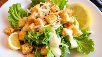 Salad with Shrimp, Healthy Homemade Caesar Salad with Lettuce and Crunchy Croutons