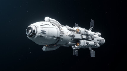 Fototapeta premium Starship in the Cosmos: A futuristic spaceship glides effortlessly through the vast expanse of the cosmos, its sleek design hinting at advanced technology and interstellar travel.