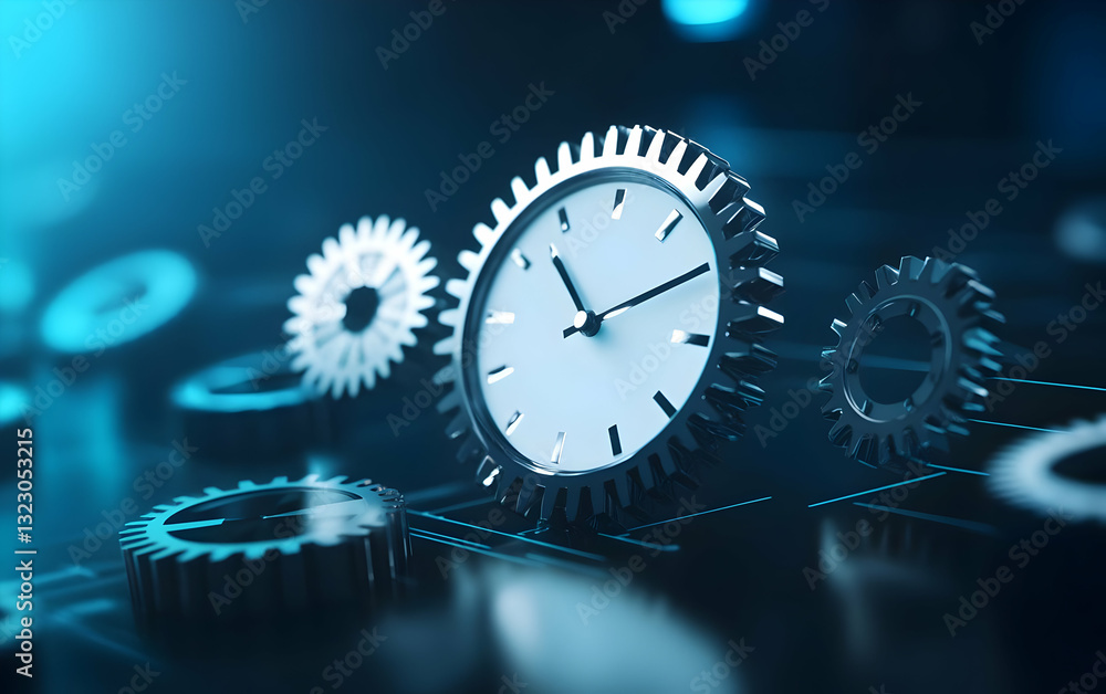 Poster a close-up of gears and a clock face, representing the interconnectedness of time and machinery in a