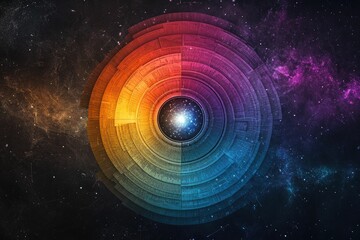 Obraz premium Cosmic data visualization, colorful concentric rings, starry background.