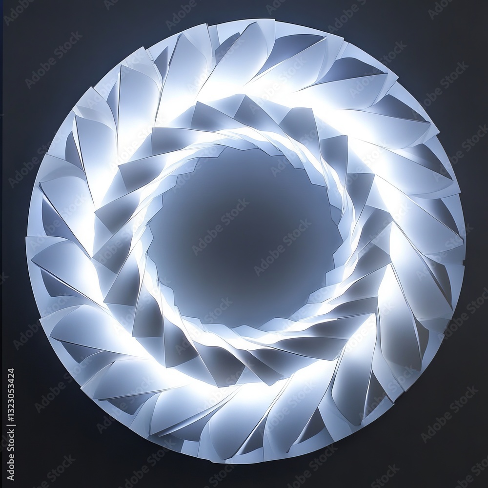 Poster a circular geometric pattern with layered, petal-like structures emitting light