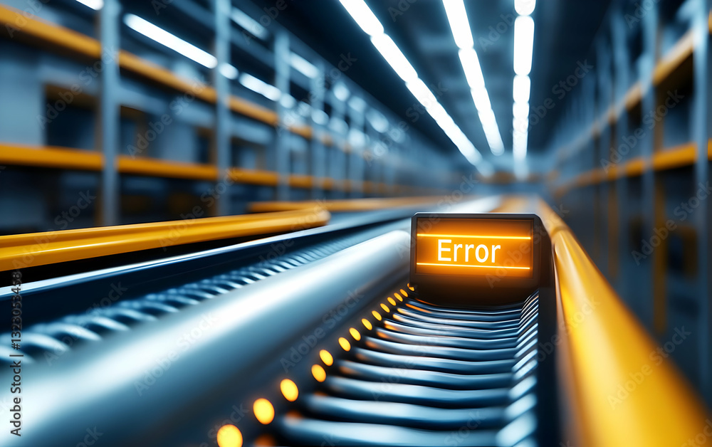 Poster a close-up view of a digital error alert on a conveyor system, showcasing modern technology in indus