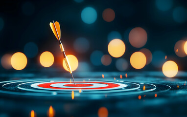 Fototapeta premium A close-up view of a dart hitting the center of a target amidst a blurred background. Perfect for motivation and goal-related themes.