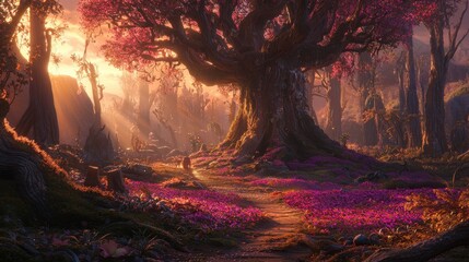 Enchanted Forest with Majestic Tree and Vibrant Pink Flora at Sunset