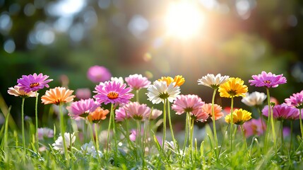 Fototapeta premium Vibrant Flowers Blooming Under Golden Sunlight in a Lush Garden