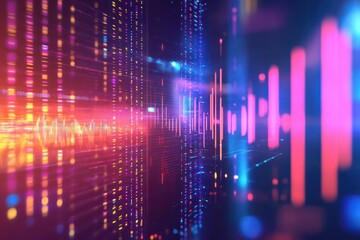 Fototapeta premium A sleek, digital concept of ETFs, with animated text and data points floating over a vibrant background of stock market activity.