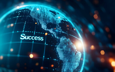 Fototapeta premium A digital globe showcasing the concept of success with glowing elements, representing global achievements and connections.