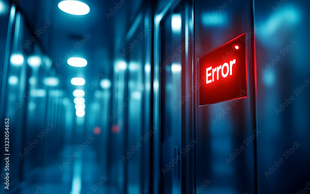 Poster a dimly lit corridor featuring a prominent red error sign, symbolizing digital failure and technical