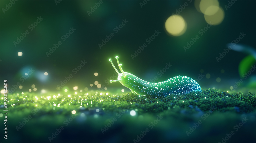 Poster luminous snail in enchanted forest: a glowing snail crawls across moss, creating a magical and whims