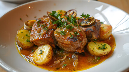 Delicious Alentejana Style Pork Dish with Potatoes, Clams, and Fresh Herbs from Portugal