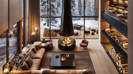 Modern luxury chalet living room with large fireplace, high ceilings, and floor-to-ceiling windows overlooking snowy forest.