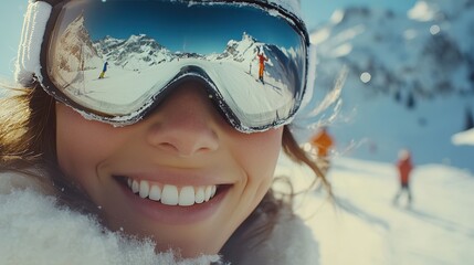 A skier smiling with goggles reflecting the snowy mountain, enjoying the sport.
