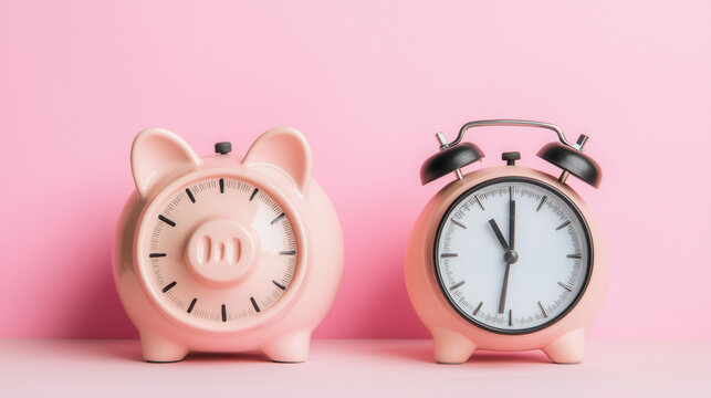 Piggy bank and alarm clock on pink background symbolize saving and time management