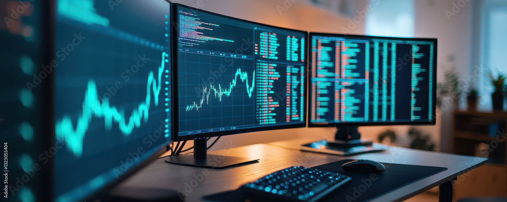 Poster data analysis workspace with multiple monitors displaying stock charts and graphs, showcasing financ