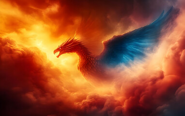 A majestic phoenix soaring through a vibrant sky filled with flames and clouds, symbolizing rebirth and renewal.