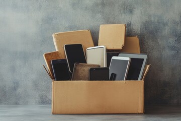 Cardboard box full of old used computers, digital tablets, smartphones, electronic gadgets for recycling on gray background. Donation, e-waste, electronic waste for reuse, refurbish, recycle
