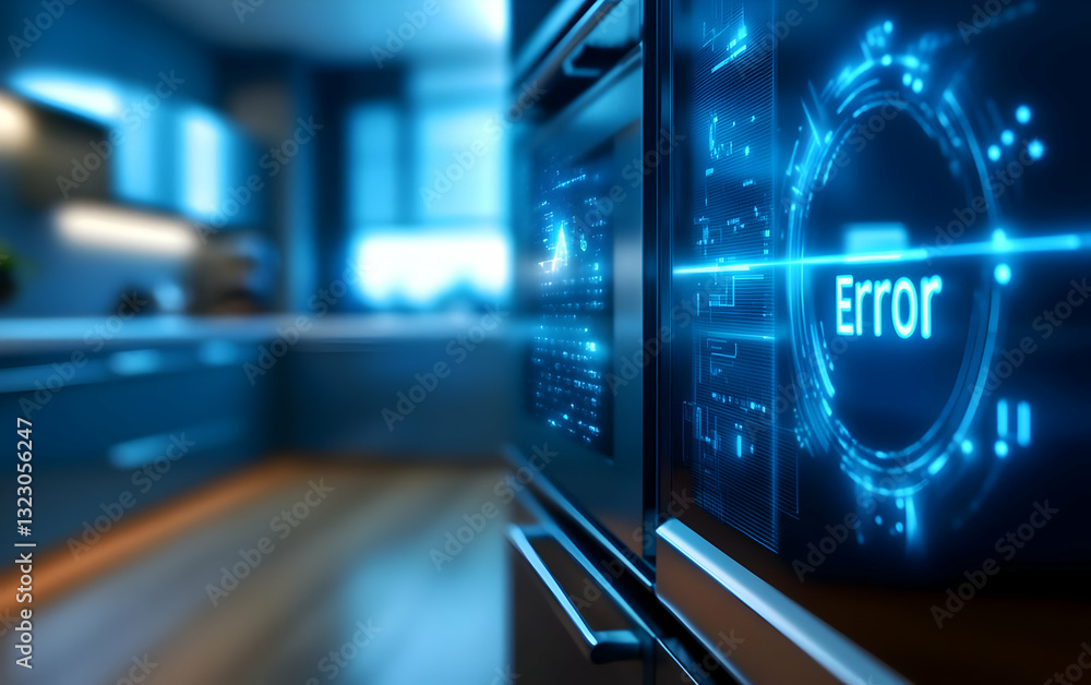 Poster a modern kitchen appliance displaying a digital error message on a sleek interface, capturing the es
