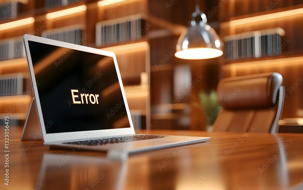 Poster a modern workspace featuring a laptop displaying an error message, highlighting the challenges of te