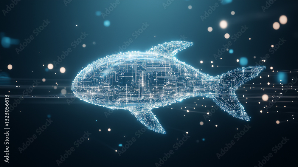 Poster digital aquatic ecosystem: a futuristic, digital representation of a fish glides through a sea of da