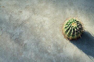 A small, spiky cactus casting a long shadow on a smooth gray concrete background, highlighting natural textures.