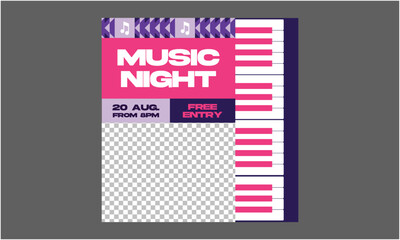 Music Night Socials Media. Night music party flyer or poster or banner design template for night club with DJ Mixer on starry night background. Vintage styled vector illustration
