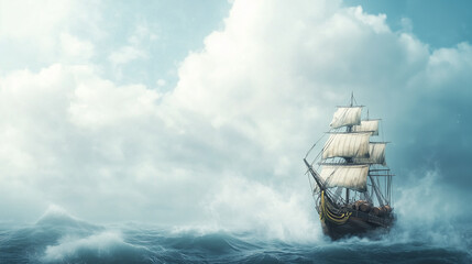 Sailing Through Stormy Seas: A majestic wooden sailing ship bravely navigates a tempestuous ocean, enveloped by dramatic storm clouds and powerful waves.