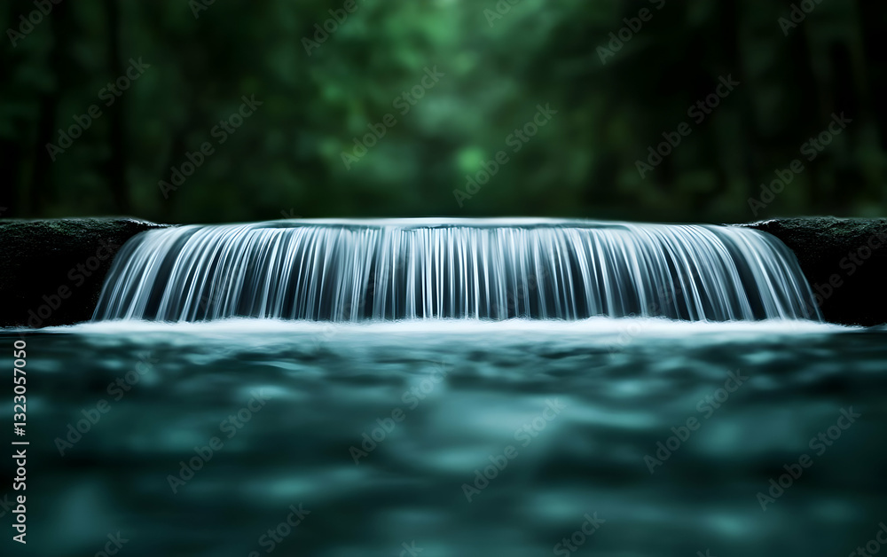 Poster a serene waterfall cascading over smooth rocks, surrounded by lush greenery, creating a tranquil atm