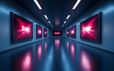 A sleek, modern corridor showcasing vibrant digital screens with glowing graphics, reflecting a futuristic atmosphere.