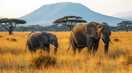 Fototapeta premium Adult and baby elephant in African savanna at sunset.
