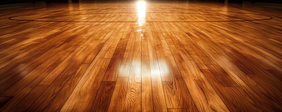 Detailed perspective view of a wooden basketball court floor surface
