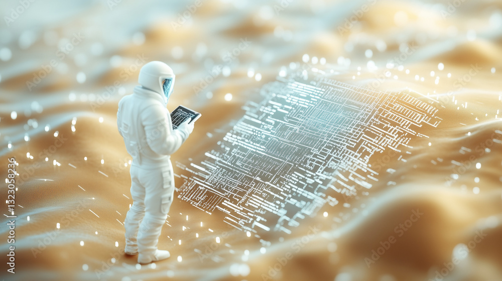 Poster astronaut exploring the digital frontier: an astronaut in a pristine spacesuit examines a digital la
