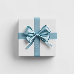 White gift box or present box with blue ribbon and bow isolated on white background with shadow minimal concept 3D rendering