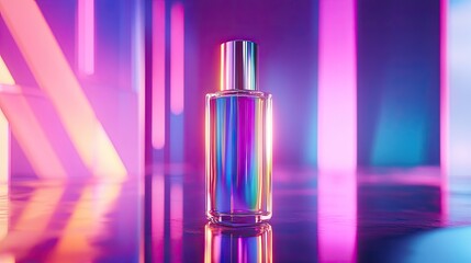 Naklejka premium Iridescent essence, Perfume bottle bathing in vibrant neon luminescence